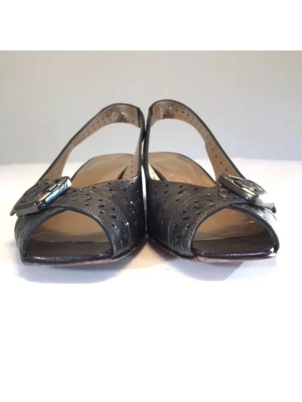 Stuart Weitzman Womens Gray Perforated Leather Wedge Heels Slingback size 6.5
